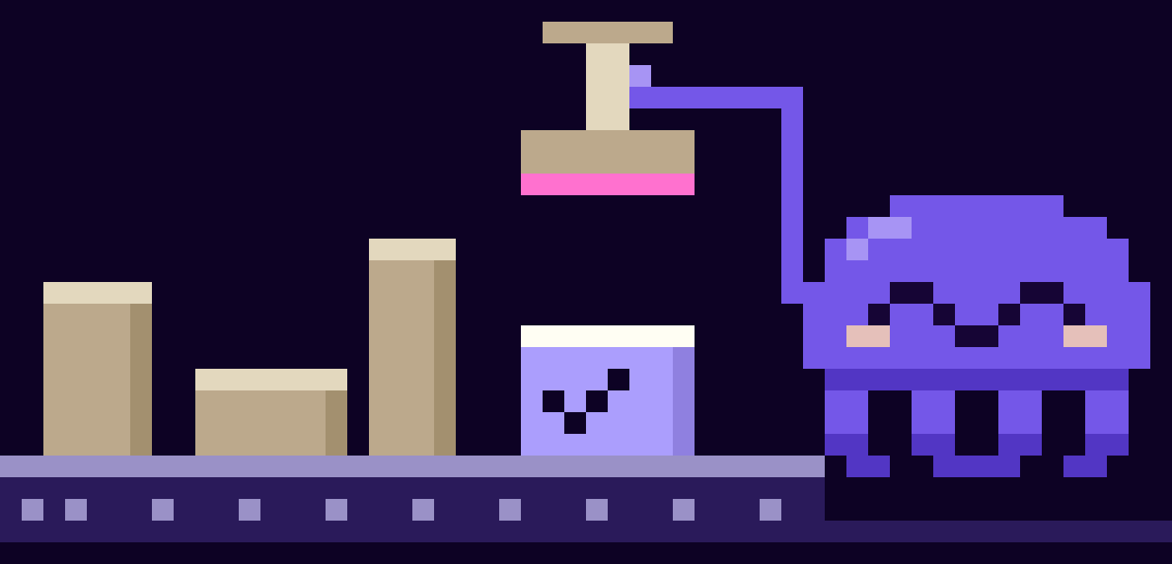 Zero stamps a box on a conveyor belt, turning an odd-sized block into a neat, matching one with a tick.