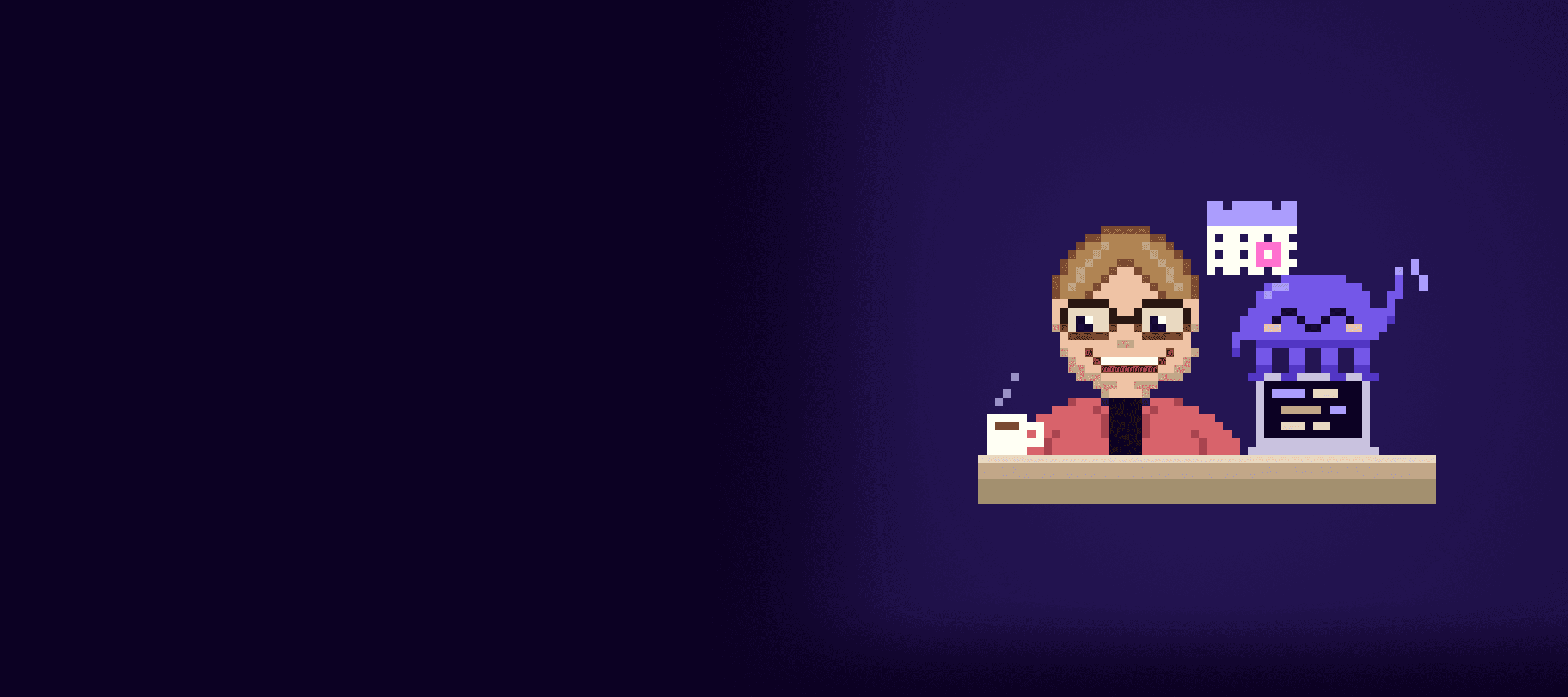 Joe, in pixel art with glasses and a red overshirt, smiles at a desk while Zero waves from the laptop.