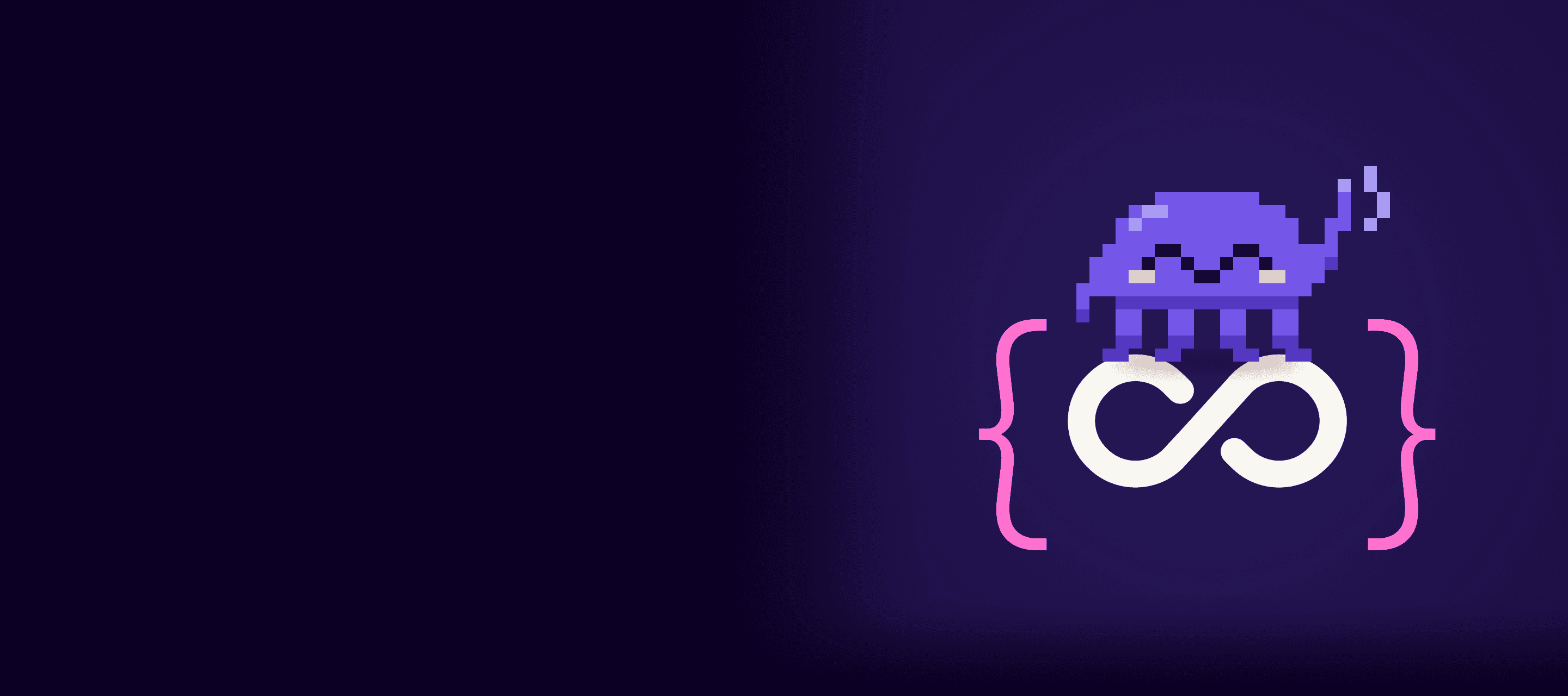 Zero, a purple pixel-art octopus, waves from inside the pink-bracketed death.tech infinity mark.