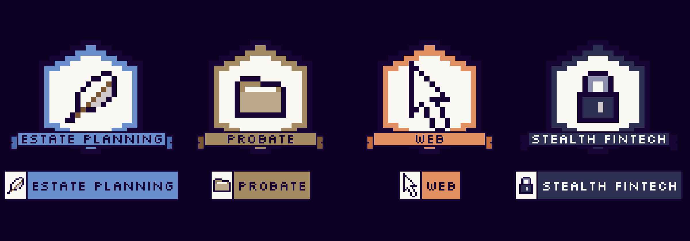 Four pixel-art pod crests: Estate Planning with a quill, Probate with a folder, Web with a cursor and Stealth Fintech with a padlock.