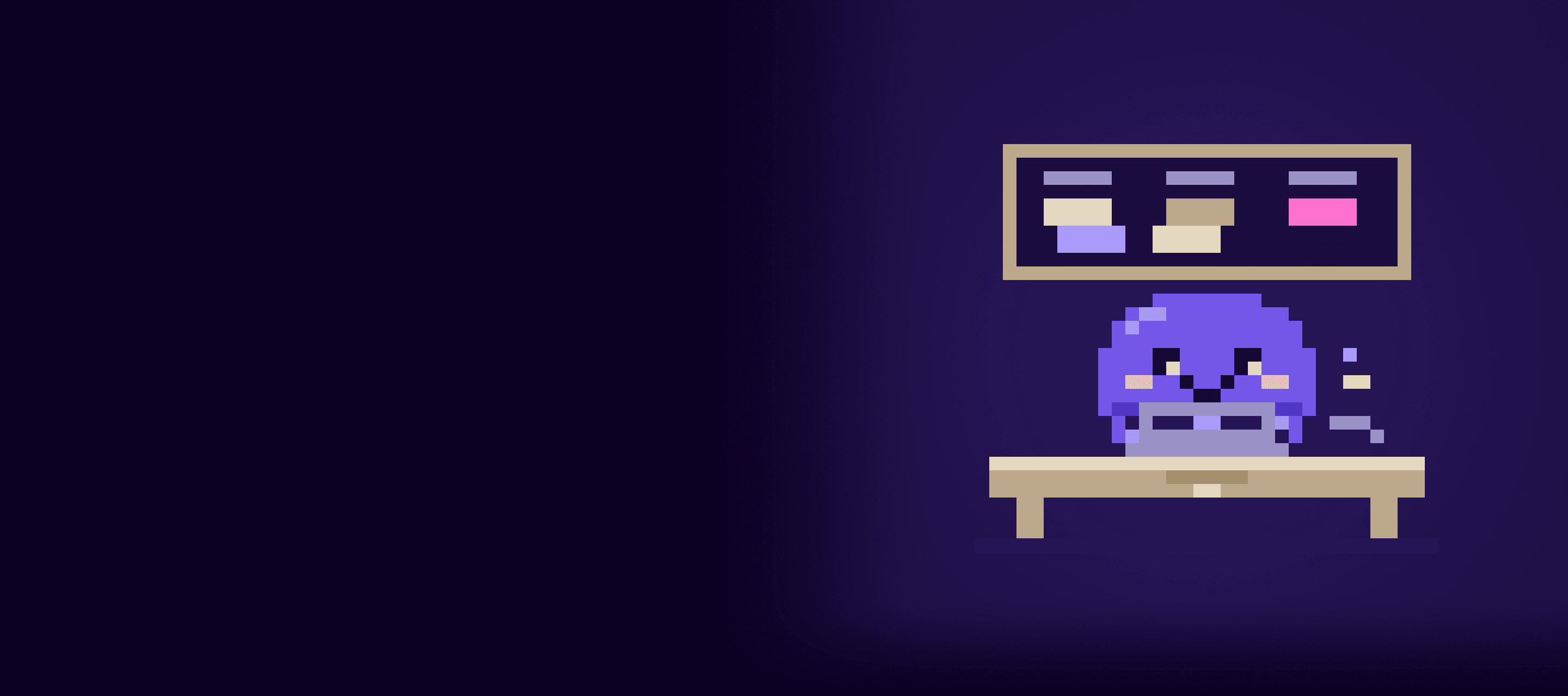 Zero, a purple pixel-art octopus, typing on a laptop at a desk in front of a board of blank sticky notes.